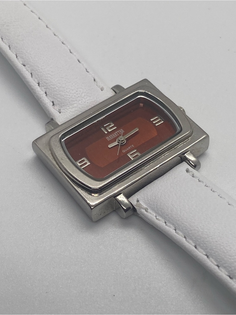 Rectangular Women's Quartz Watch with White Strap and Orange Dial